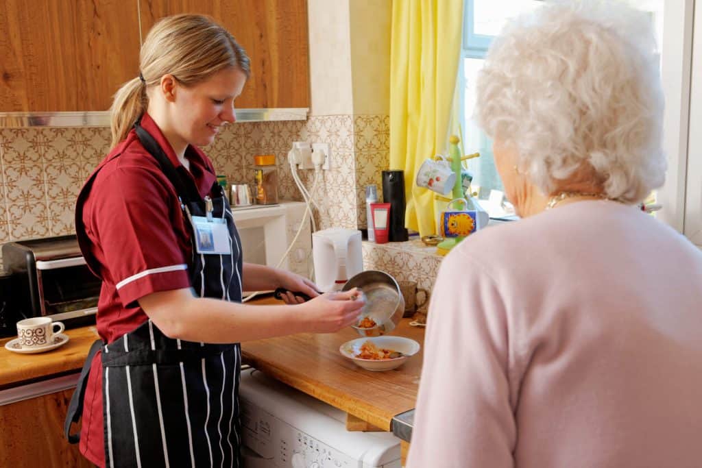 Young female caregiver cooking for an elderly woman in her kitchen 2022 caregiver career