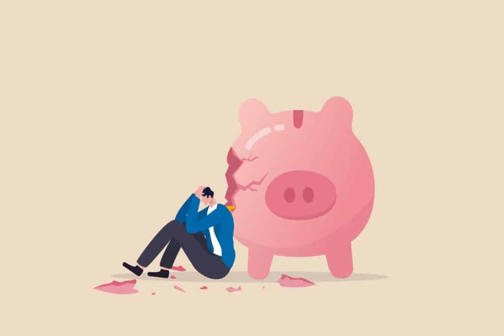 Sad man leaning against broken piggy bank 2022 home health care services are too expensive