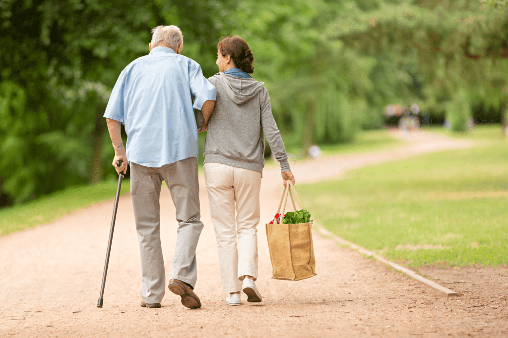 Home Nurse Care Female caregiver bringing grocery with the elderly man