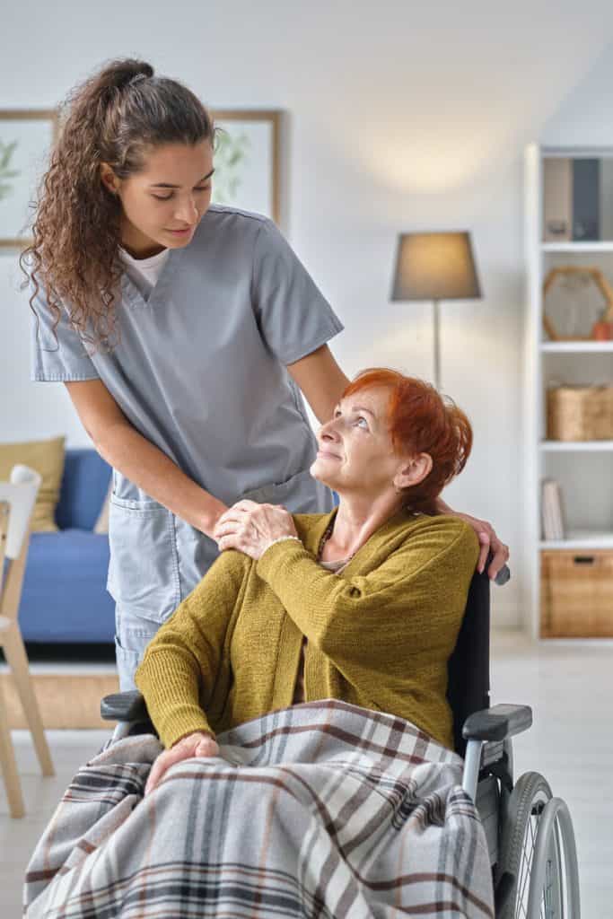 A young lady spending a moment of time with an older woman. companionship jobs for elderly