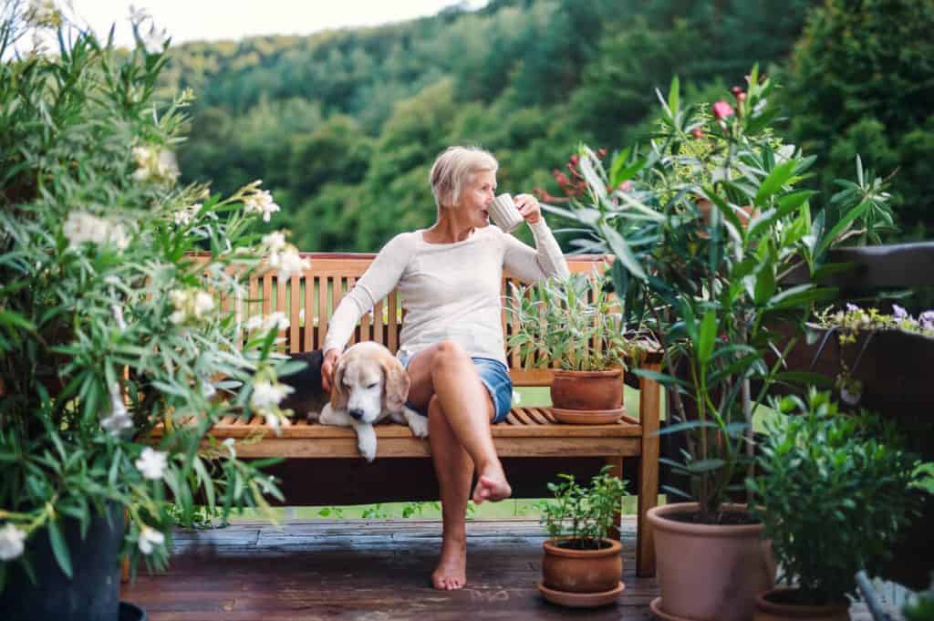 Senior woman sitting on a garden bench with her pet dog enjoying a cup of coffee, luxurious assisted living