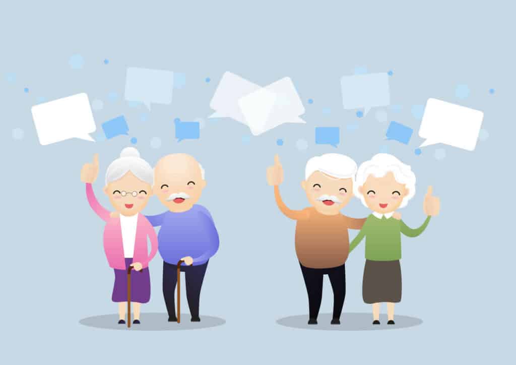 Quotes about age and wisdom - a group of two senior couples with speech bubbles showing thumbs up.