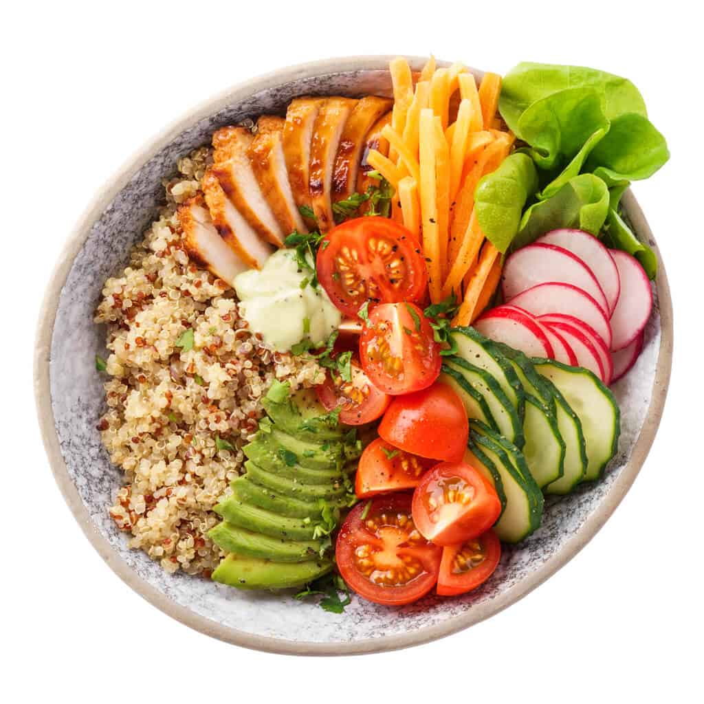 Healthy lunch bowl with grilled chicken, vegetables, and quinoa, one of the most brain-fit recipes