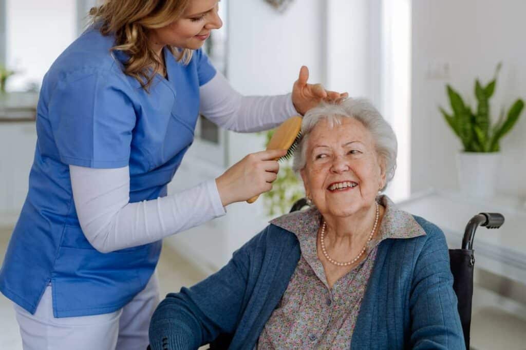 elderly lady receiving home care assistance