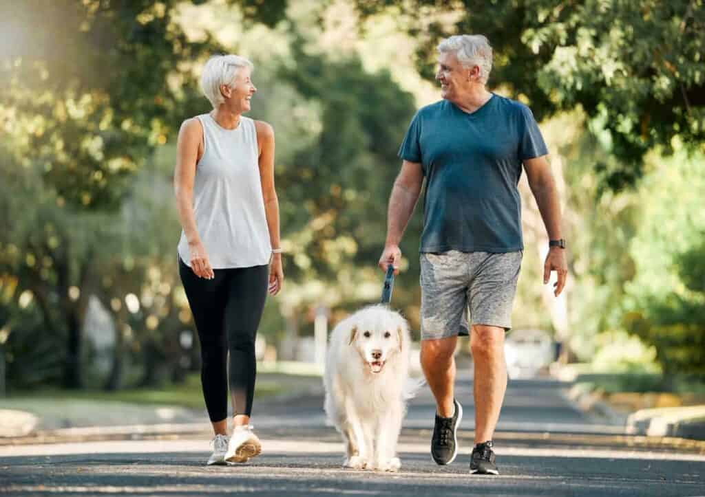Active couple walking their dog - Ensure nutritional supplement