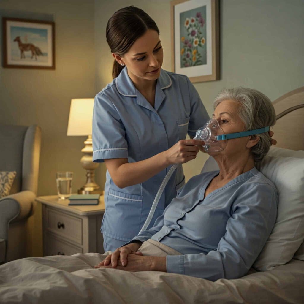 Caregiver assists senior with sleep apnea mask at bedtime