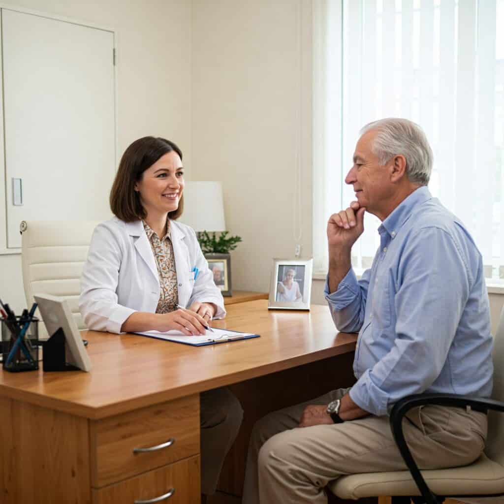 Doctor consulting senior about sleep treatment options