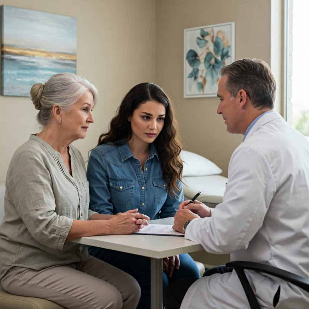 Family consulting healthcare provider about senior sleep issues