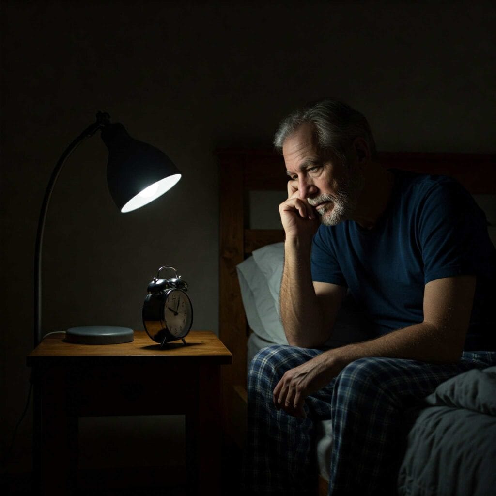 Senior man sitting awake at night due to sleep issues