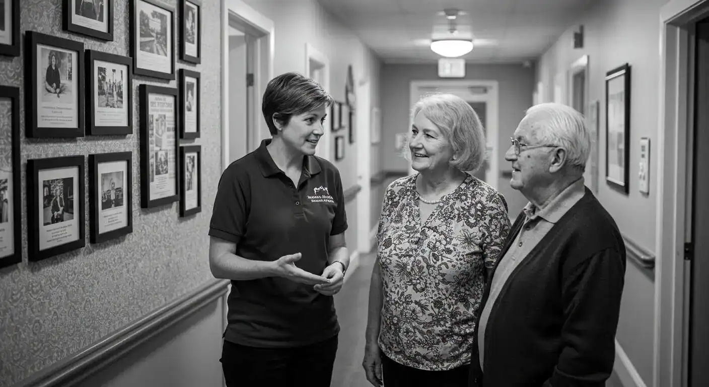 A family touring a memory care facility in Reno, NV, asking important questions about the level of care needed.