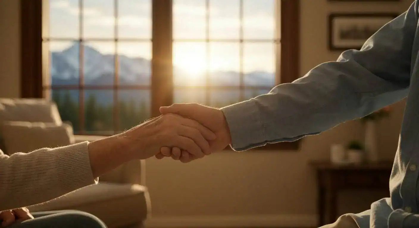 An adult child holding their parent's hand, symbolizing the search for compassionate memory care in Reno, NV.