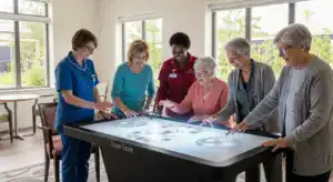 Residents in a Reno, NV memory care Reno NV home engaging with innovative technology like a Tover Table for cognitive stimulation.