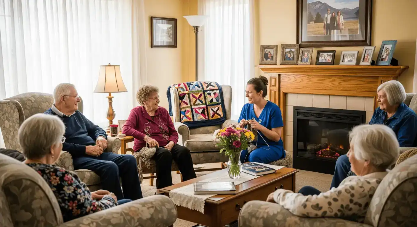 The warm, home-like environment of a residential memory care home, an alternative to larger facilities.