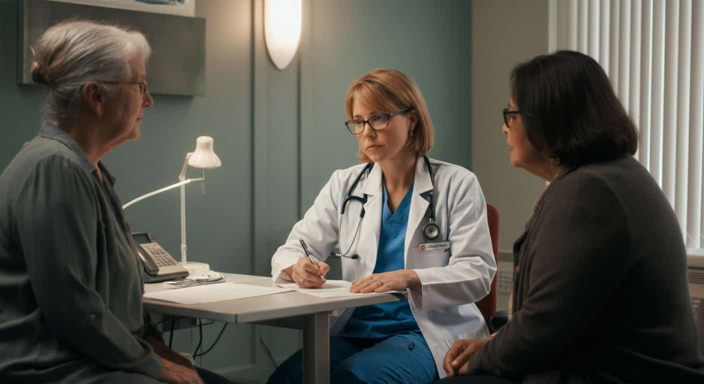 A senior patient and her daughter meeting with a geriatrician in Reno for a cognitive assessment. 