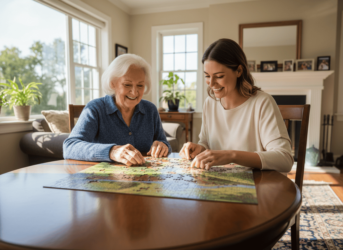 A senior and caregiver enjoying one of the many fun indoor activities for seniors: a jigsaw puzzle.