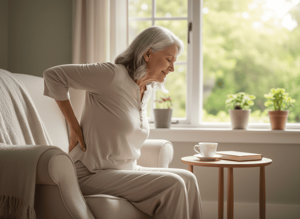 A woman engaged in indoor exercise activities for seniors, such as chair yoga.