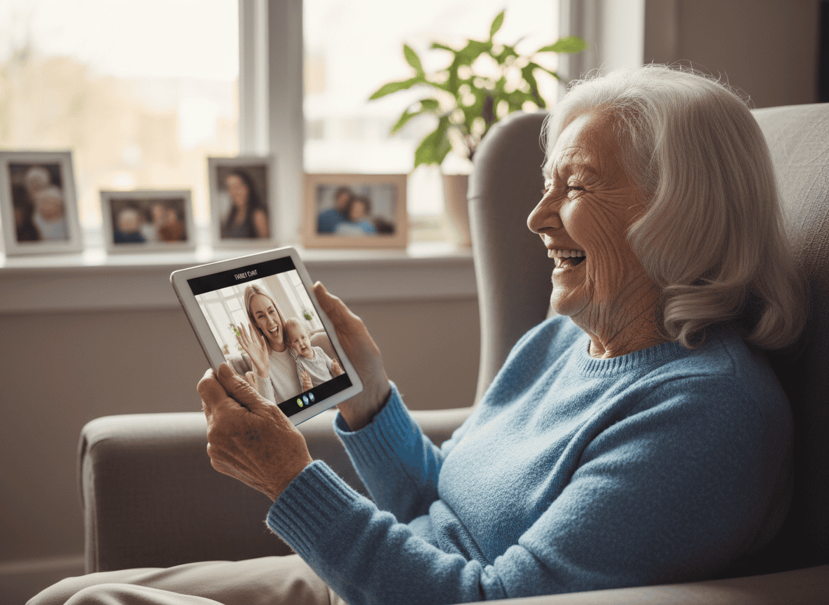 A senior using technology for social connection, a key activity for seniors at home.