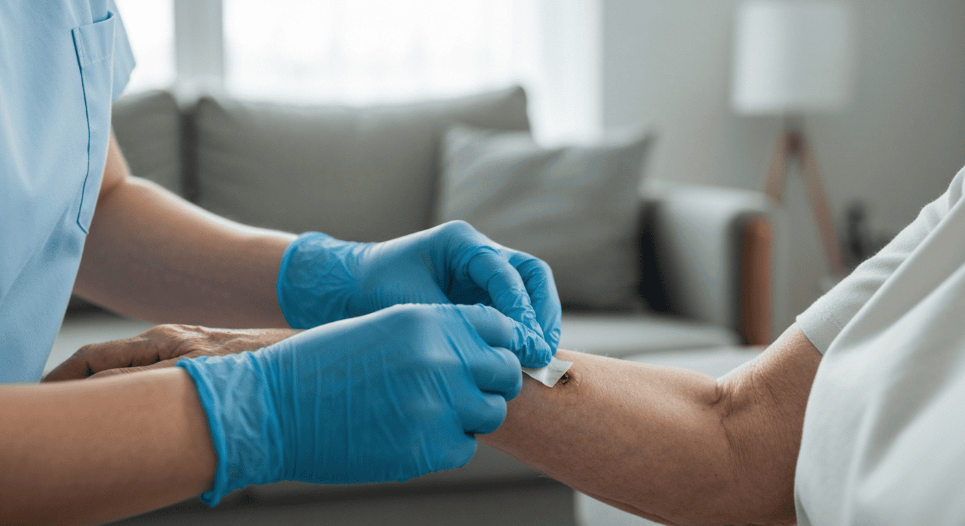 Detailed view of a home health nurse performing specialized wound care at home.