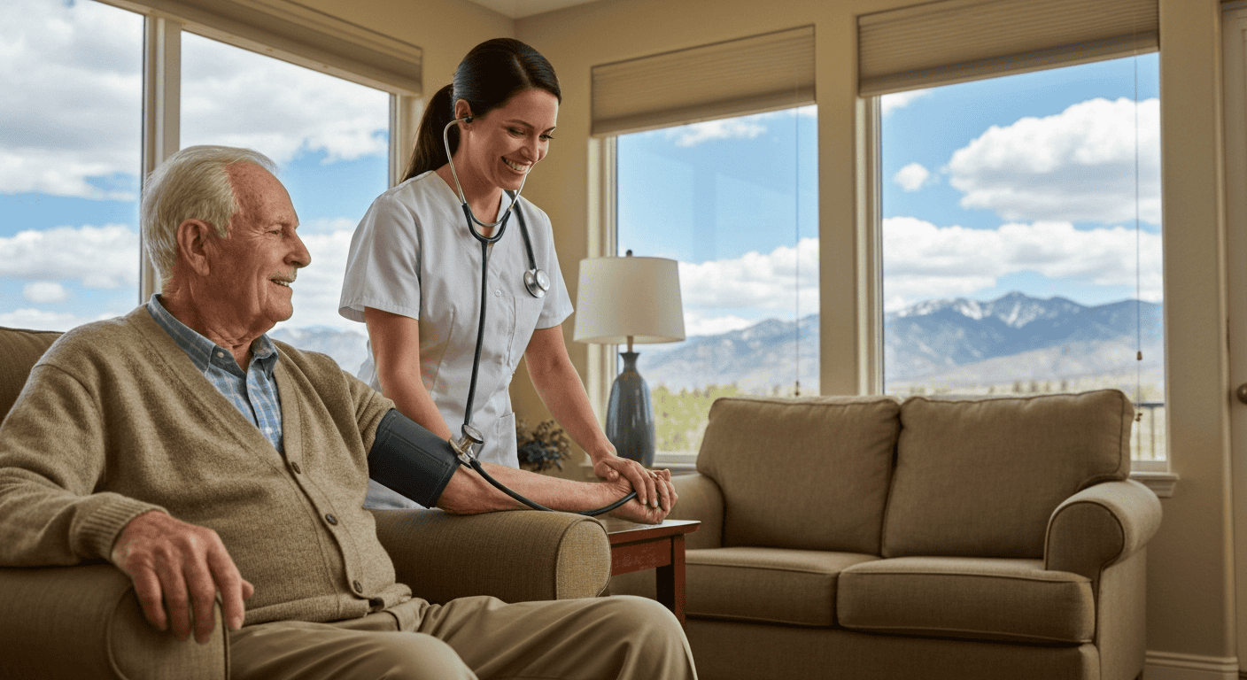 A skilled nurse providing in-home care to a senior man in a comfortable Reno home.