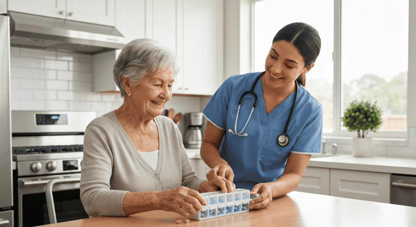 An LPN assisting a resident with medication management services at home.