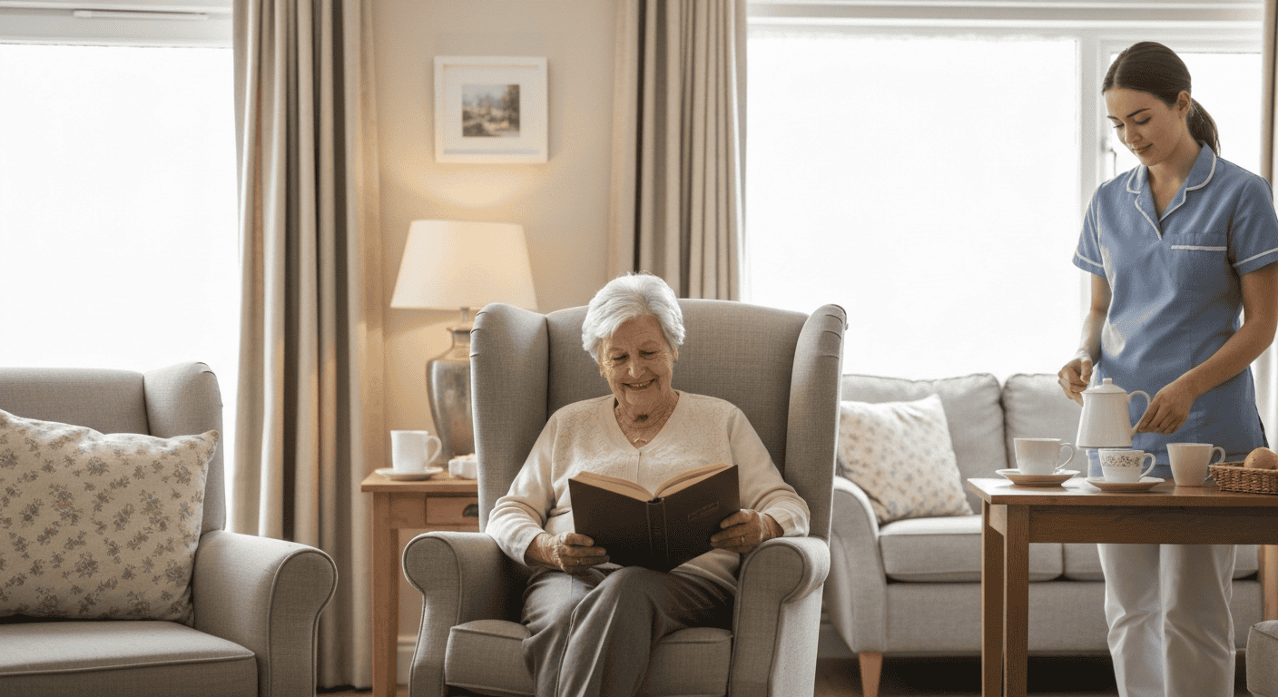 A serene and home-like environment in a residential care home, an alternative to traditional nursing facilities.