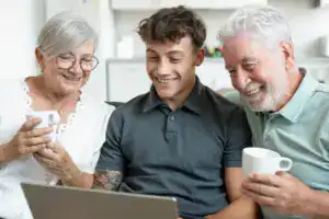 A family member researching affordable senior care options online