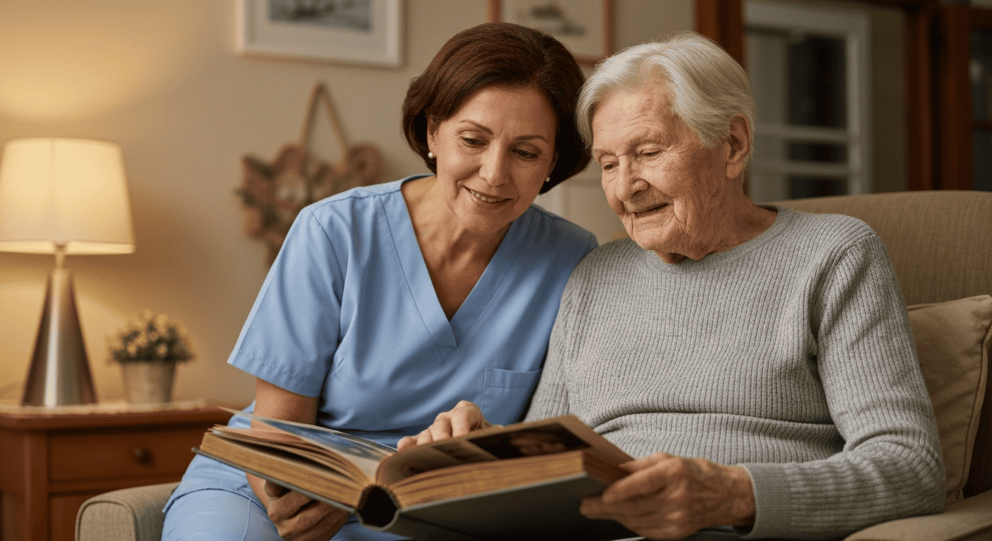 A resident receiving personalized, heart-centered care in a comfortable home setting.