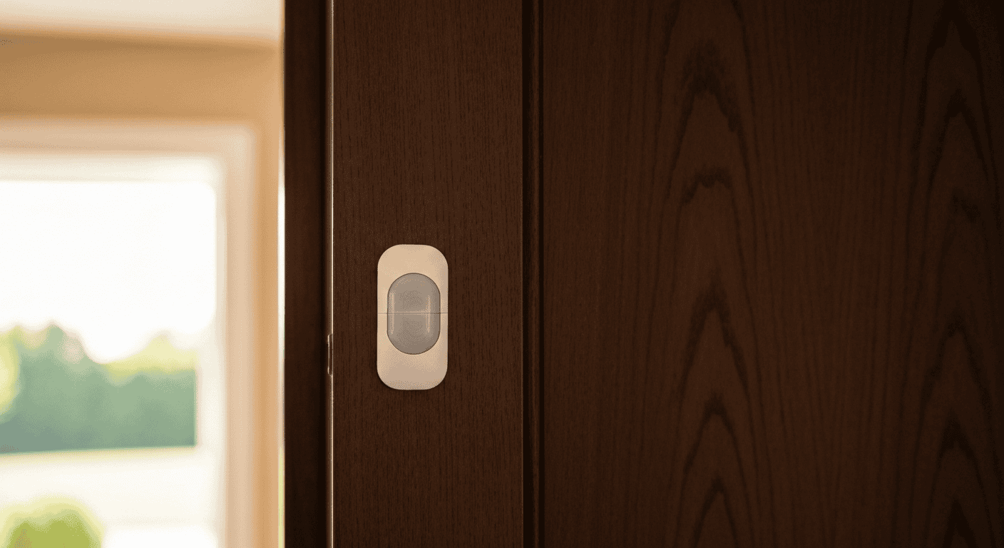 A door alarm for dementia wandering prevention installed in a home.