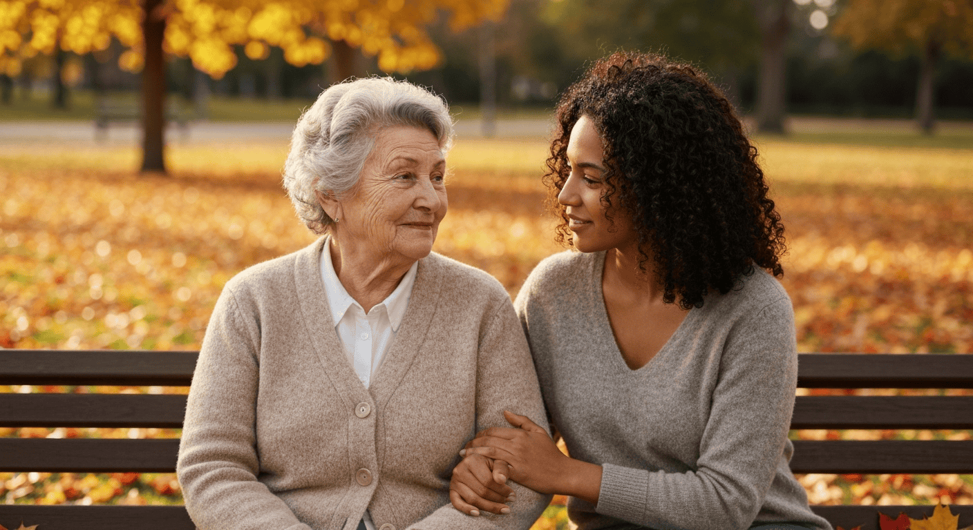 An adult daughter and her mother talk on a park bench, representing a discussion about when to see a doctor for memory loss.