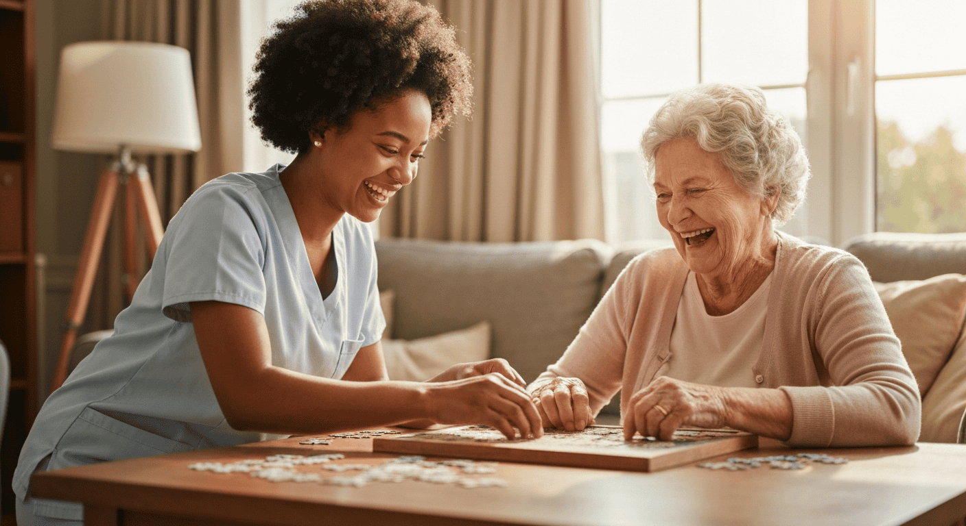 A resident and caregiver sharing a joyful moment in a comfortable home, illustrating a heart-centered approach to dementia care.