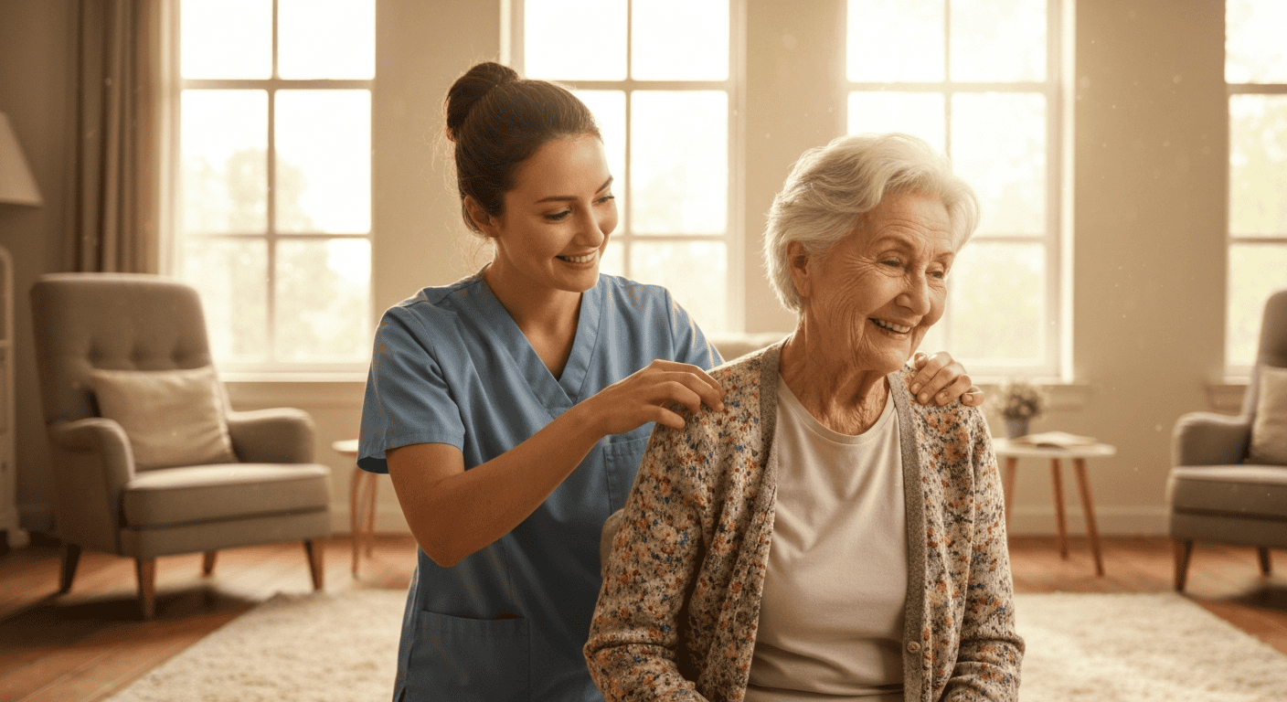 A caregiver helps a resident with her sweater, showing the importance of support when poor judgment affects personal care.