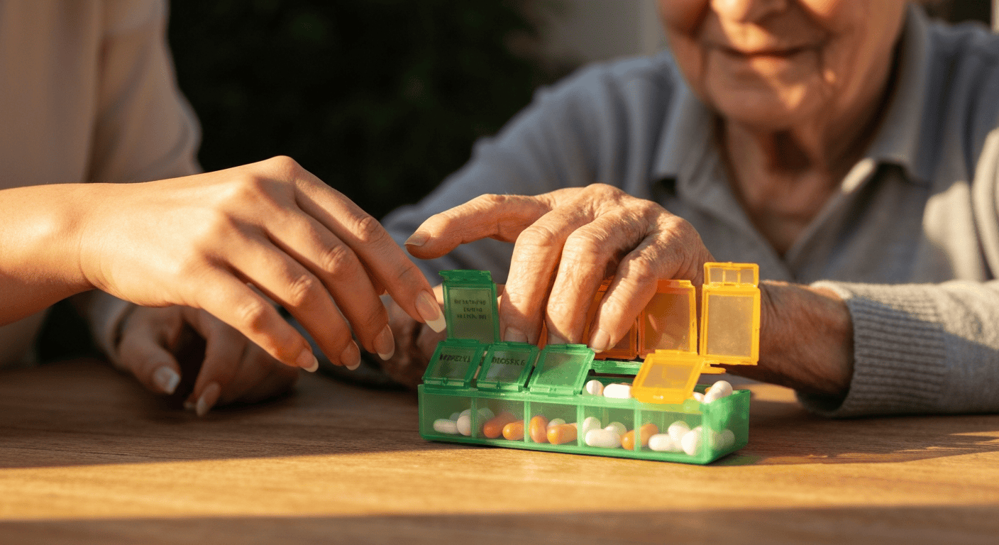 A caregiver assisting with medication management for a senior using a pill organizer. | Dementia Home Safety Checklist