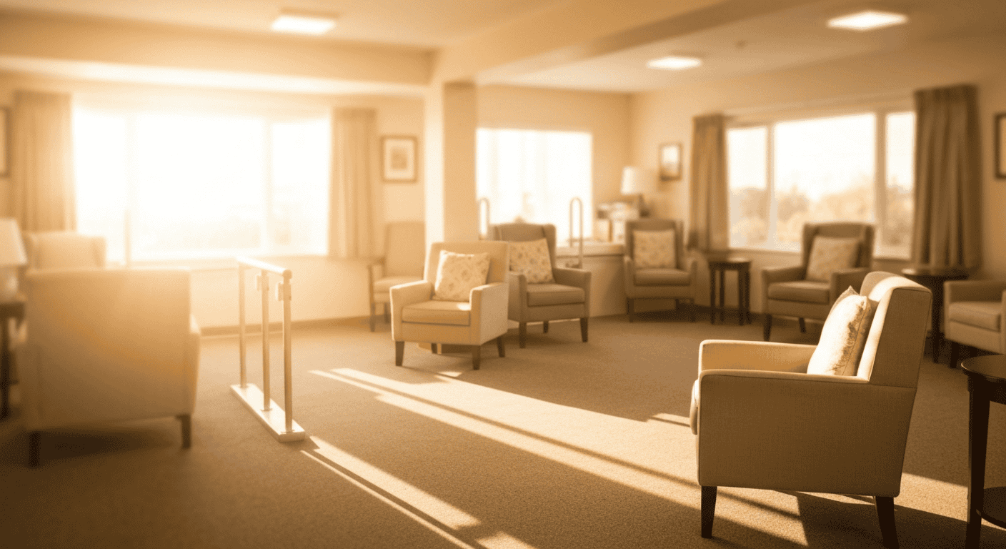 A safe and brightly lit living room modified for a senior with dementia.