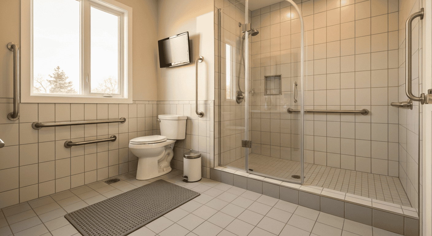 A bathroom with grab bars and a non-slip mat to ensure dementia bathroom safety.